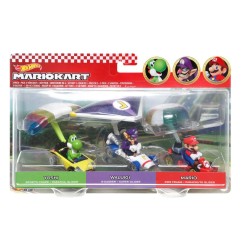 Super Mario - Mario Kart Hot Wheels pack 3 véhicules métal 1/64 Yoshi, Waluigi, Mario