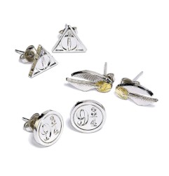 Harry Potter - Pack 3 boucles d'oreille Snitch/Deathly Hallows/Platform 9 3/4 (plaque argent)