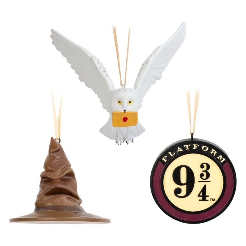 Harry Potter - Lot de 3 décorations de Noël Choixpeau magique, Quai 9 3/4 et Hedwige 7 cm