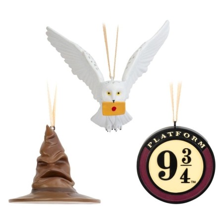Harry Potter - Lot de 3 décorations de Noël Choixpeau magique, Quai 9 3/4 et Hedwige 7 cm