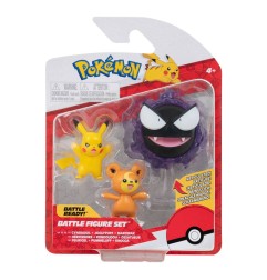 Pokémon - Pack 3 figurines Battle Teddiursa, Pikachu 9, Fantominus 5 cm